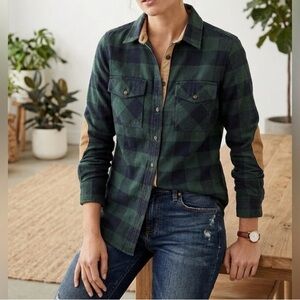Roots Women's Green and Black Plaid  With Elbow Patches, Button Down Shirt